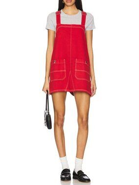 Retro We The Free Overall Smock Red Denim Shortall / Overall Mini Dress